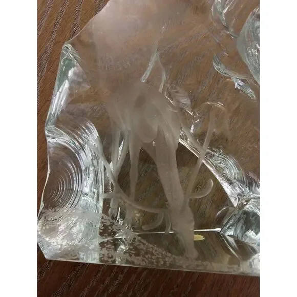 Vicke Lindstrand For Kosta Boda Blown Glass Block Blue Green Paperweight‎ Deer - Picture 9 of 16